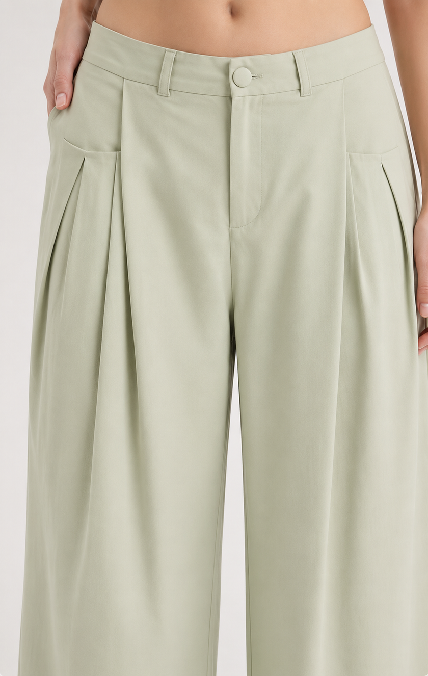 Wide Leg Trousers In Pistache with Pleat Detail