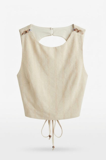Beaded Shoulder Beige Top with Back Cut-out Detail