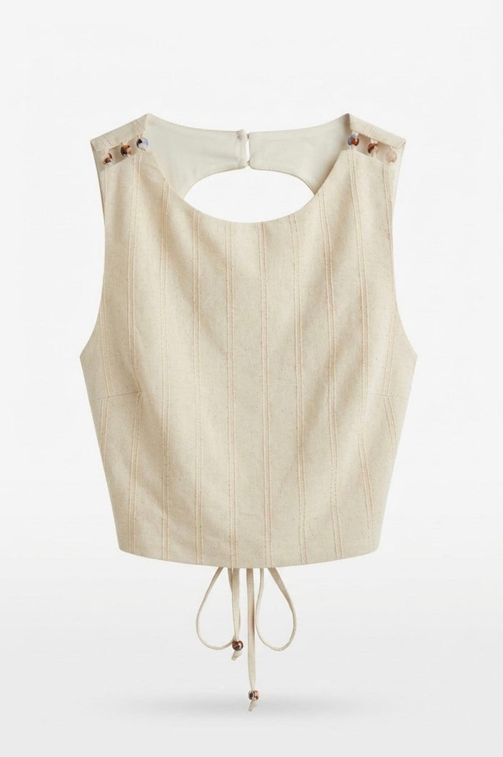 Beaded Shoulder Beige Top with Back Cut-out Detail