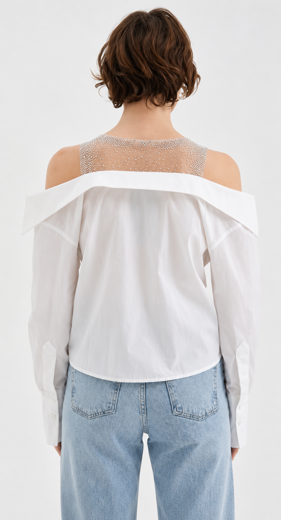 White Blouse with Rhinestone-Studded Sheer Mesh Panel