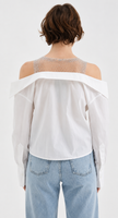 White Blouse with Rhinestone-Studded Sheer Mesh Panel