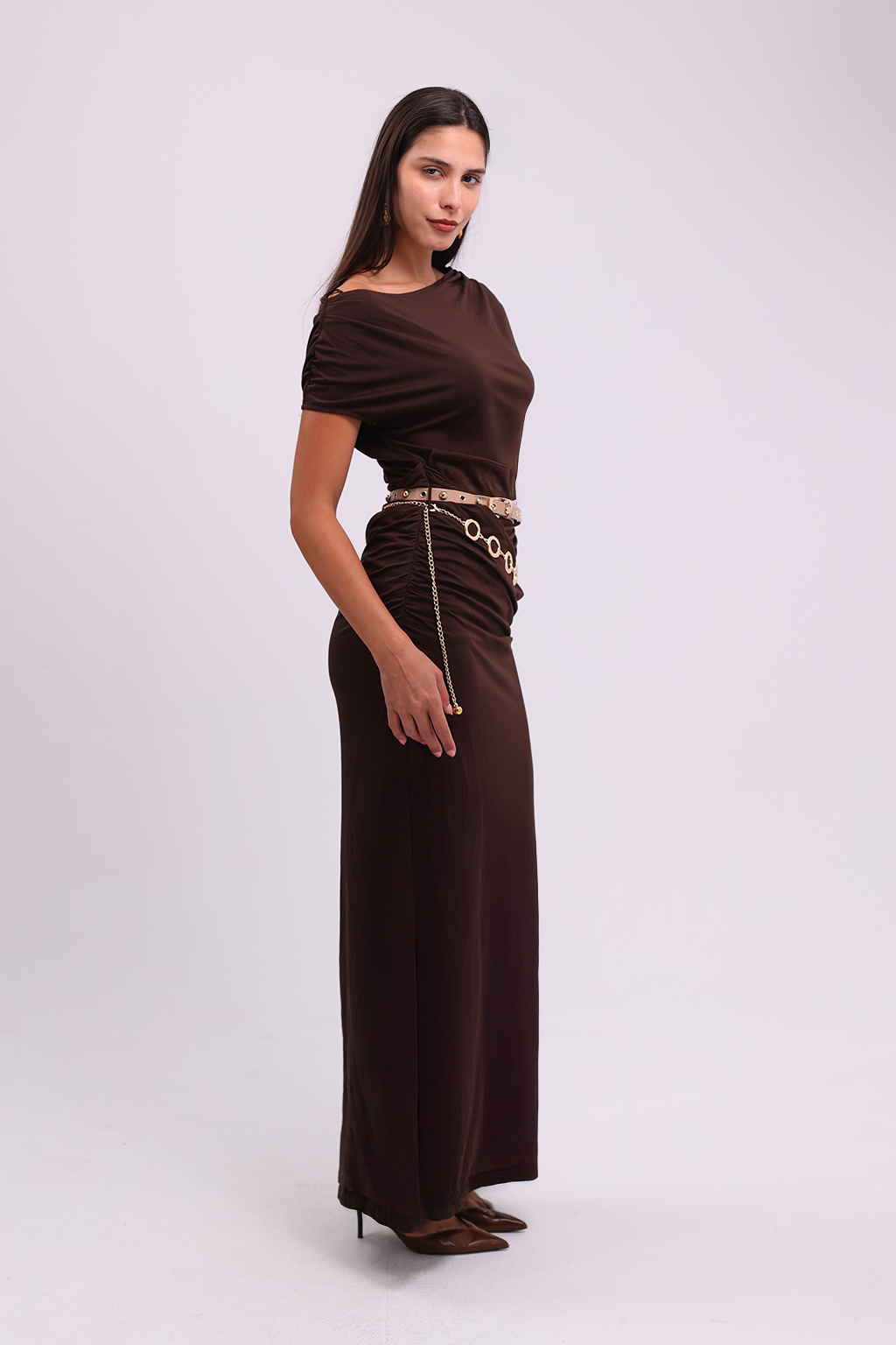 Brown Off-Shoulder Draped Dress with Belts