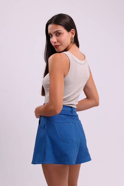 Beige Shiny Look Crew Neck Tank Top
