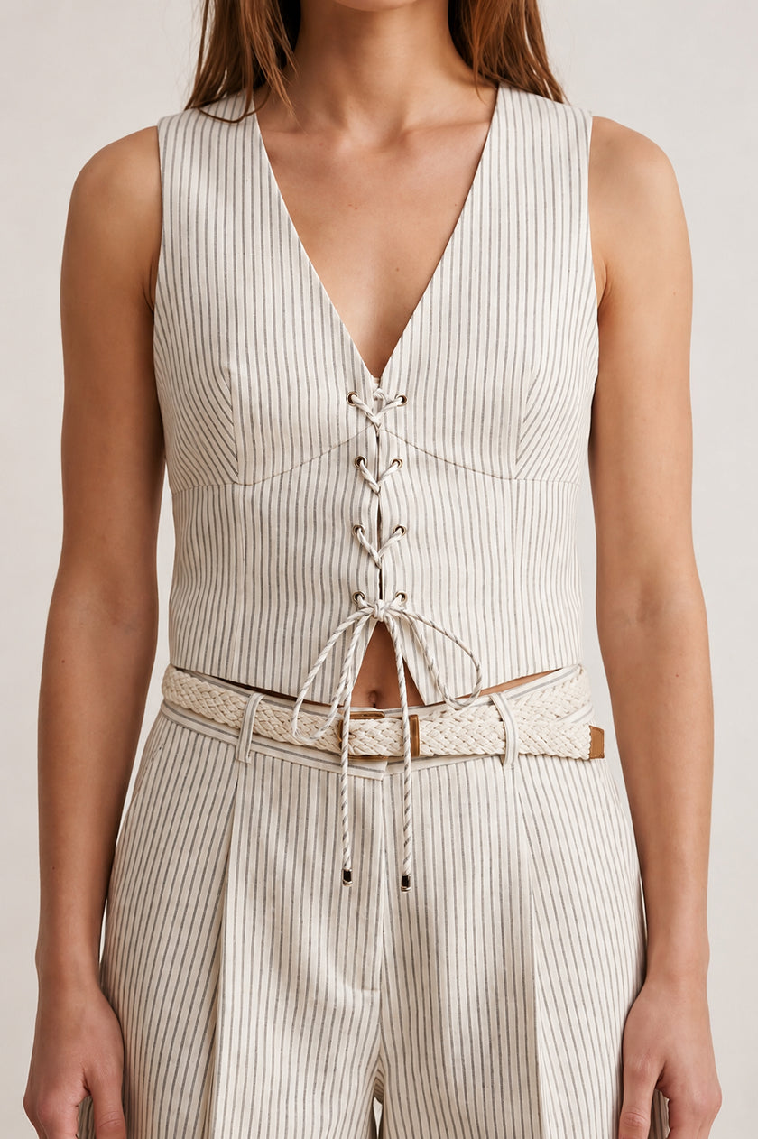 Linen Natural Striped Pattern Set with Matching Belt