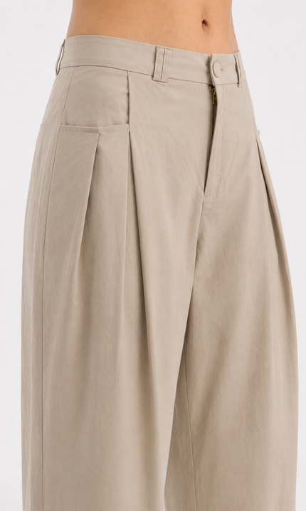 Wide Leg Trousers in Beige with Pleat Detail
