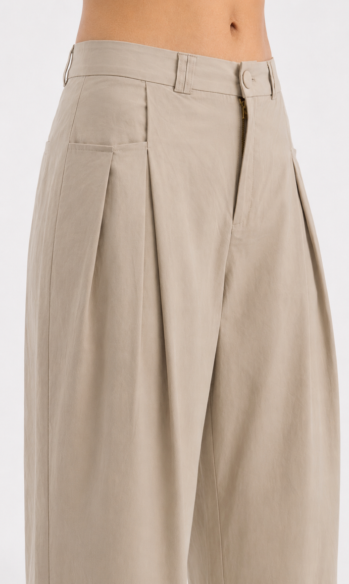 Wide Leg Trousers in Beige with Pleat Detail