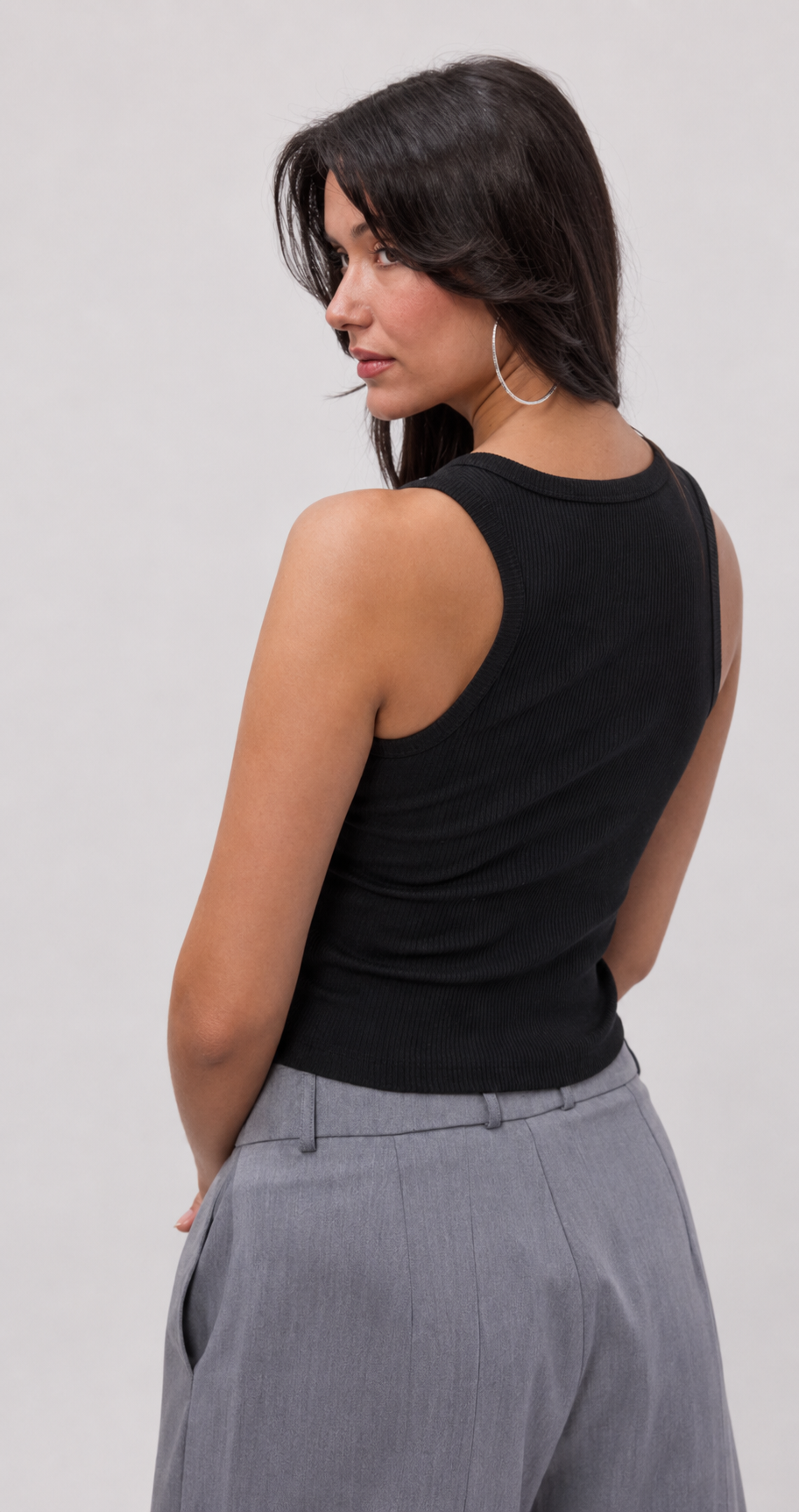 Black Ribbed Top with Metal Button Detail