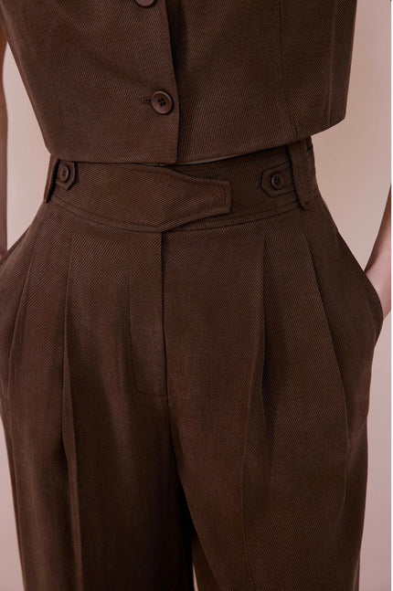 High Waist Wide Leg Pleated Brown Trousers