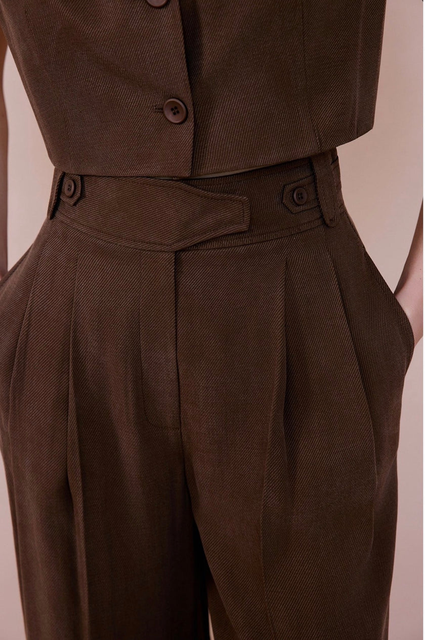 High Waist Wide Leg Pleated Brown Trousers