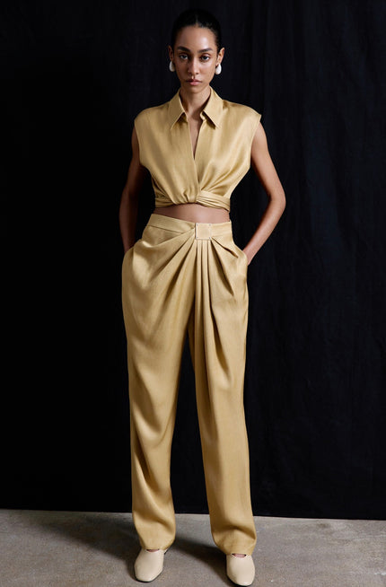 Front Pleated Linen Blend Camel Trousers