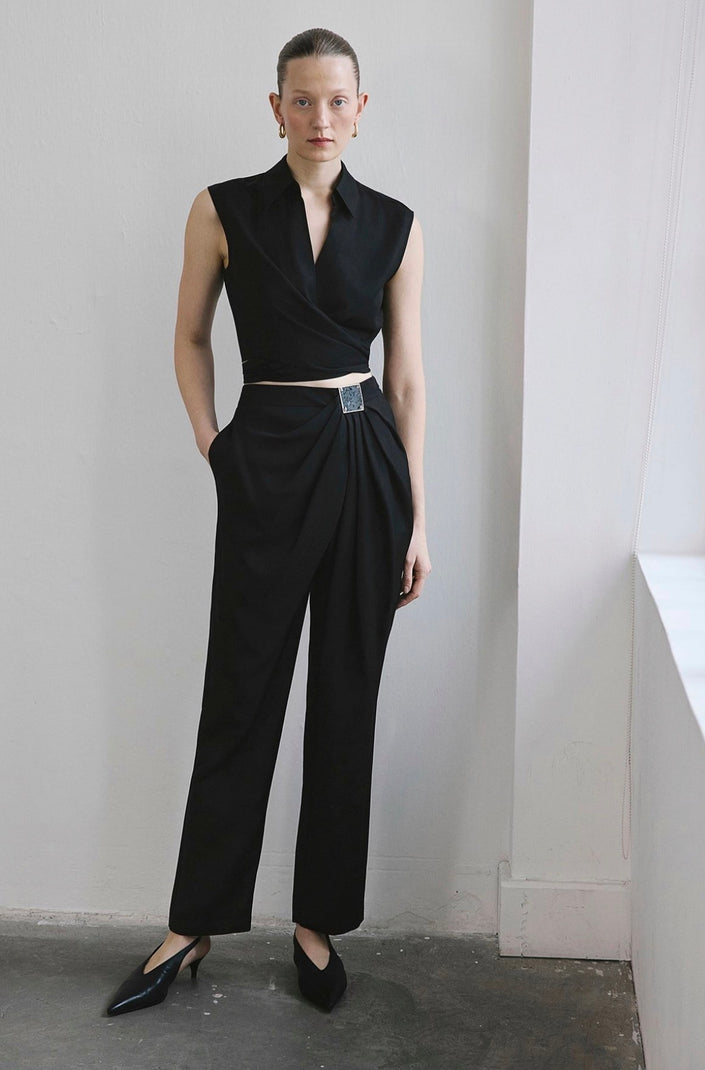 Front Pleated Linen Blend Black Trousers