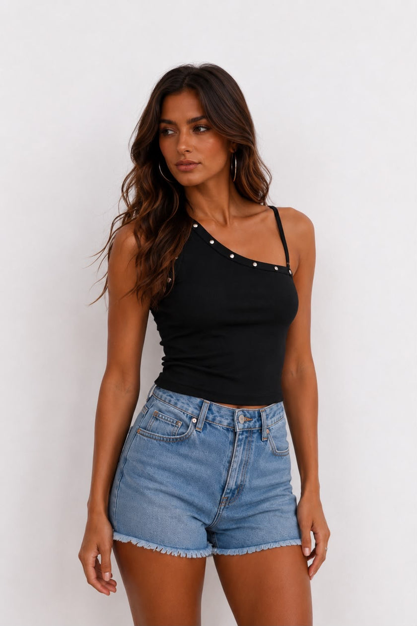 Black Ribbed Tanktop with Silver Stud Detail