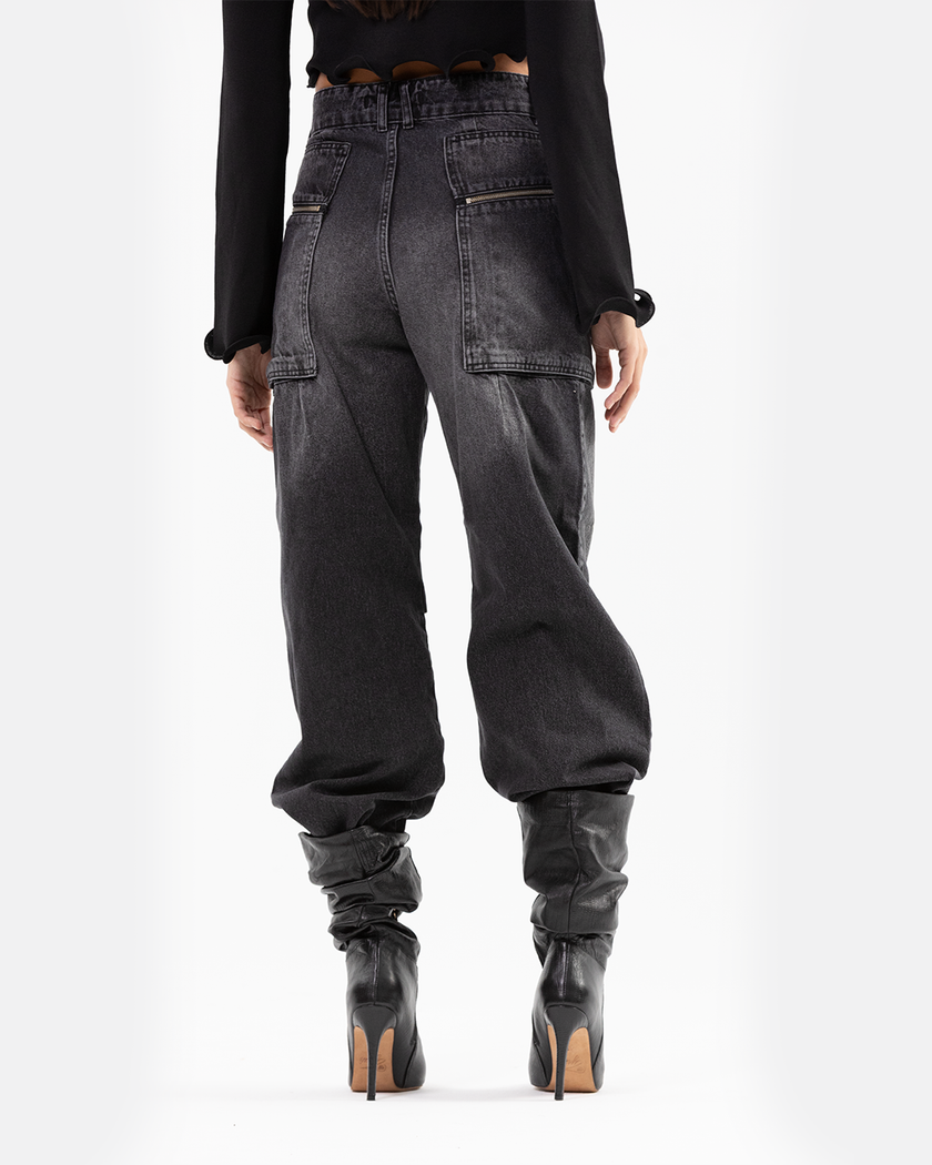 Black Washed Denim Jeans with Zipper Pocket