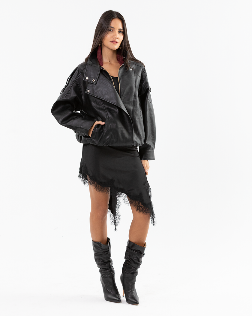 Black Asymmetric Lace Satin Skirt