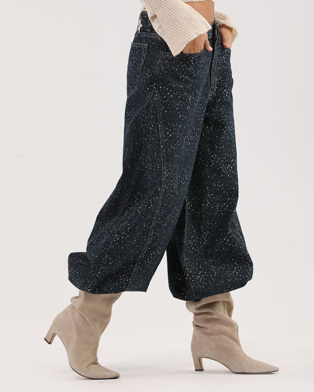 Dark Baggy Wide-Leg Barrel Jeans with Sparkle Effect