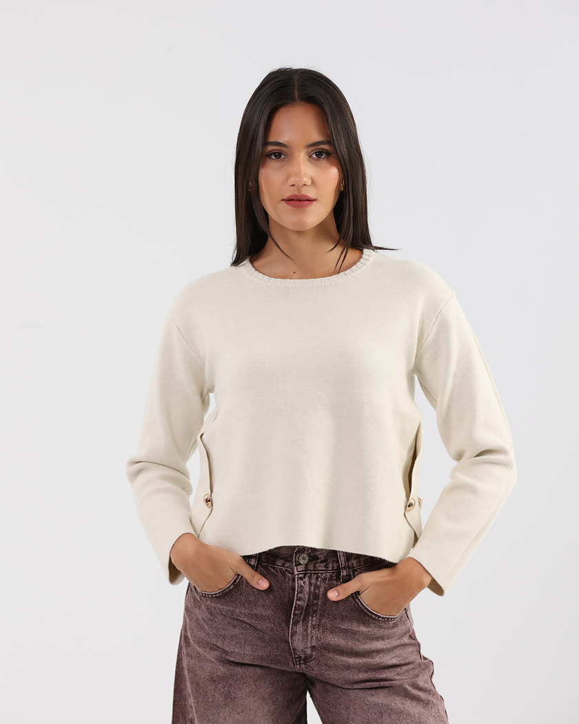 Ivory Asymmetric Button Knit
