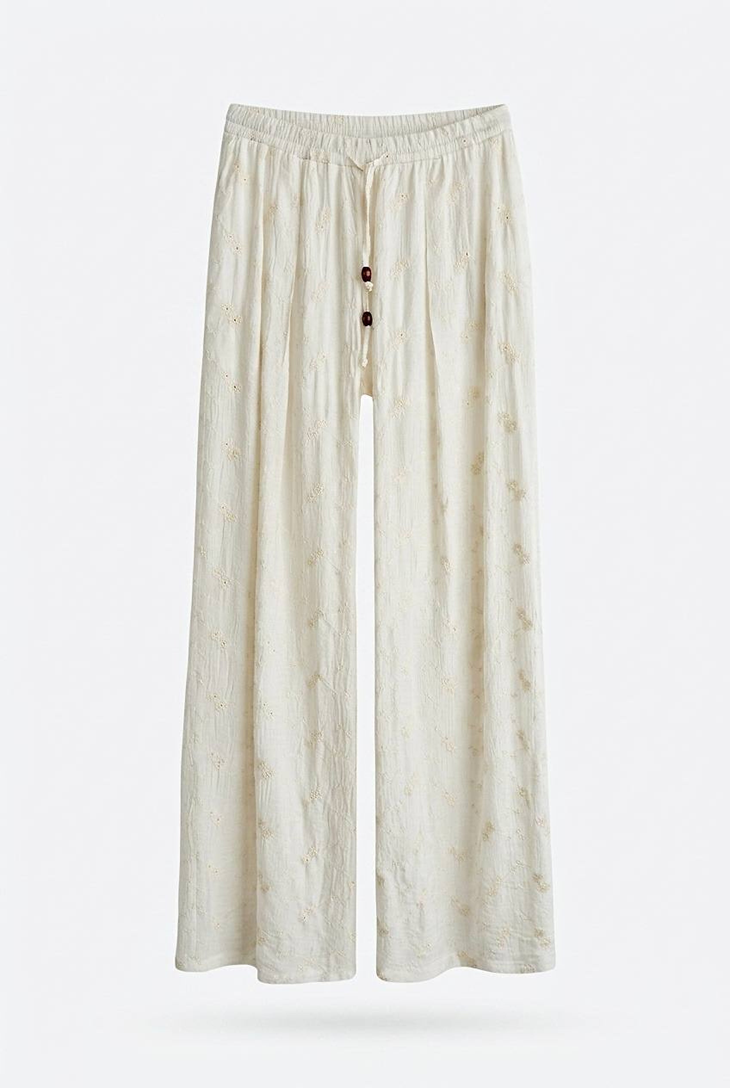 Ivory Embroidered Wide-Leg Pants with Bead Detail