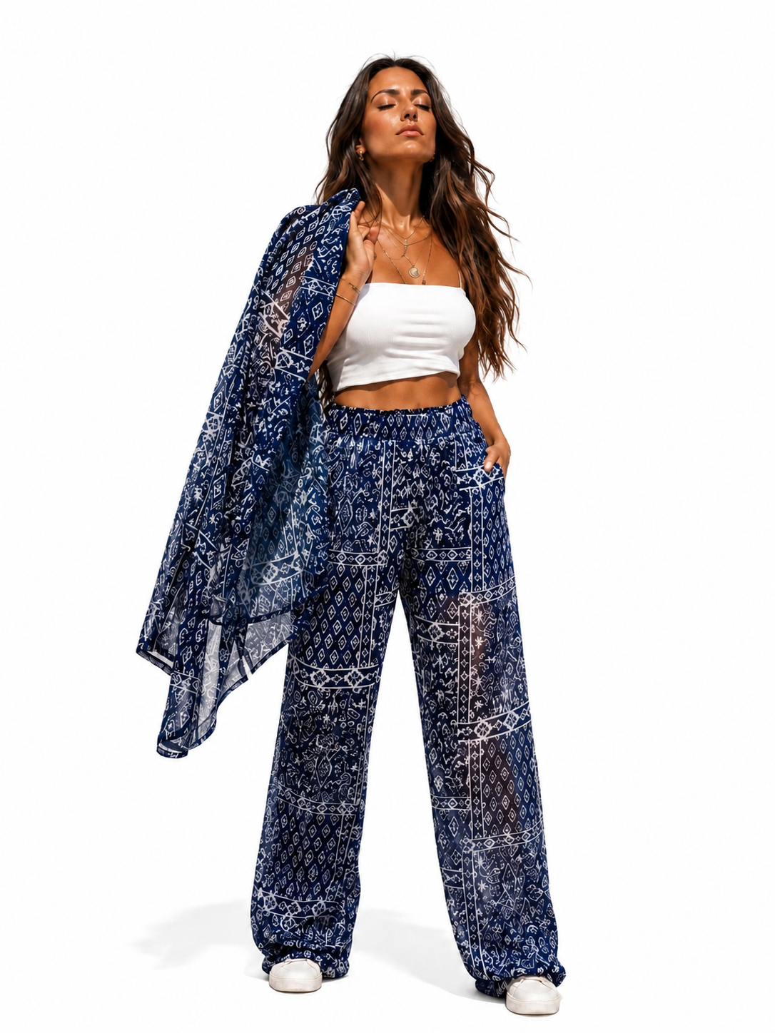 Navy Blue Kimono with White Geomatric Pattern