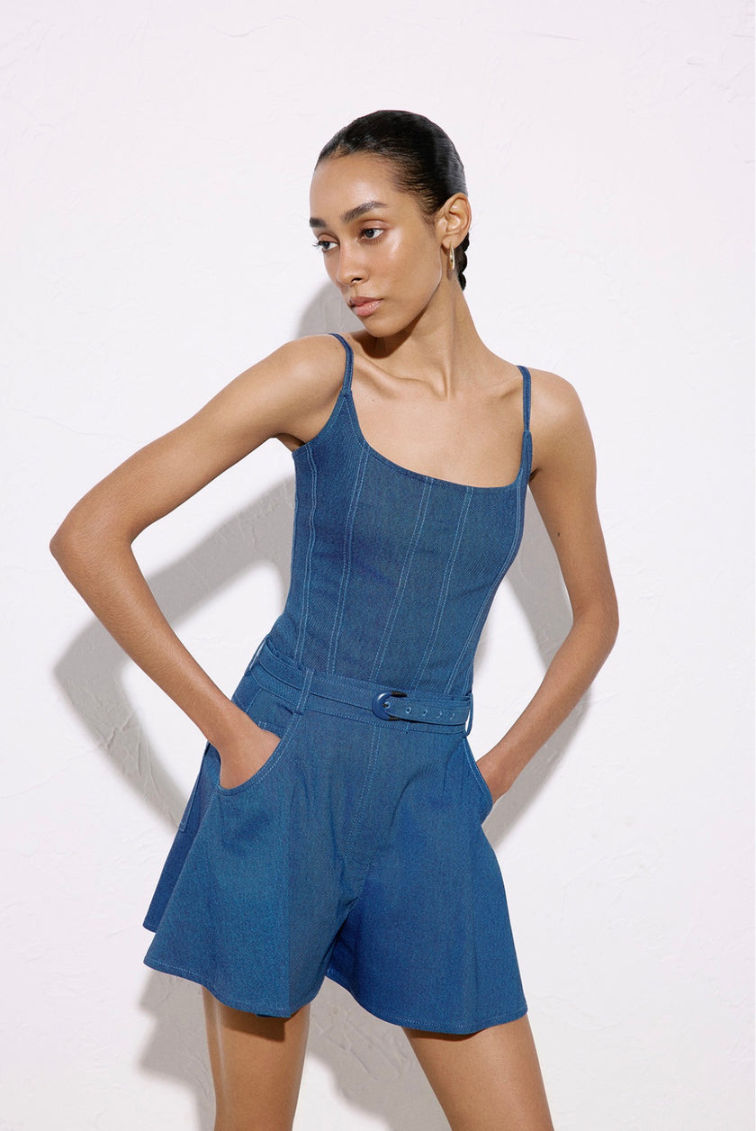 Wide Leg Belt Detailed Coral Mini Blue Shorts