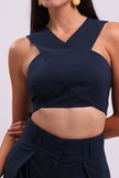 Asymmetric Detailed Striped Crop Navy Blue Bustier