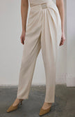 Front Pleated Linen Blend Ecru Trousers