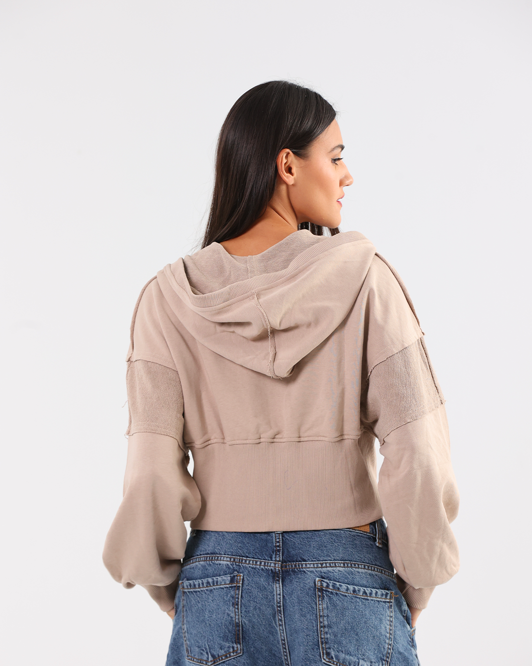 Beige Cropped Corset Style Zip-up Hoodie