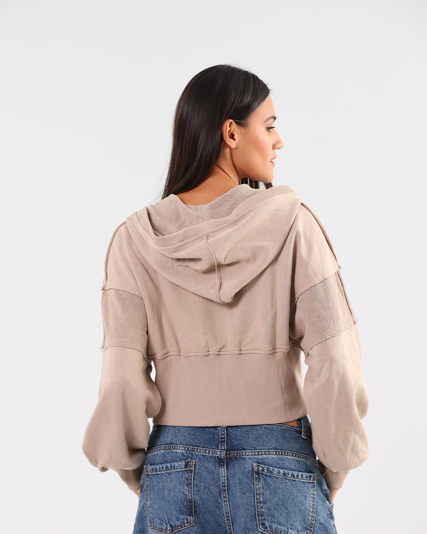 Beige Cropped Corset Style Zip-up Hoodie