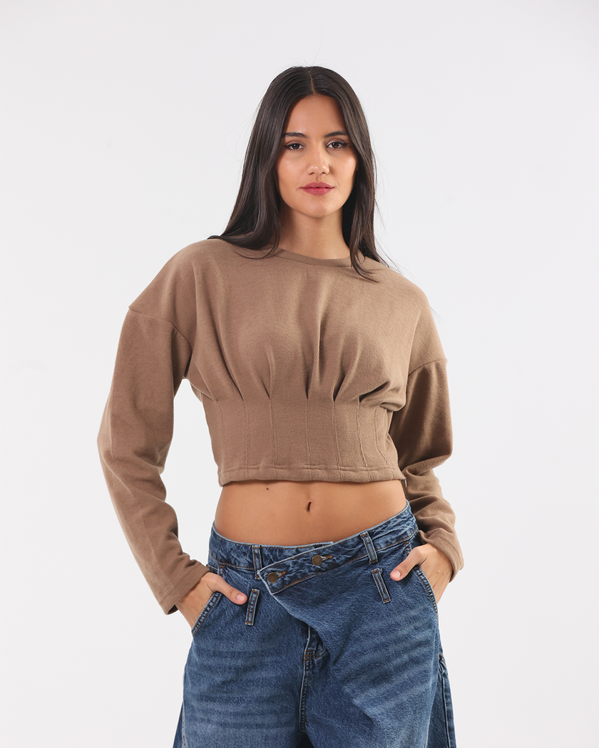 Brown Cropped Draped Sweatshirt