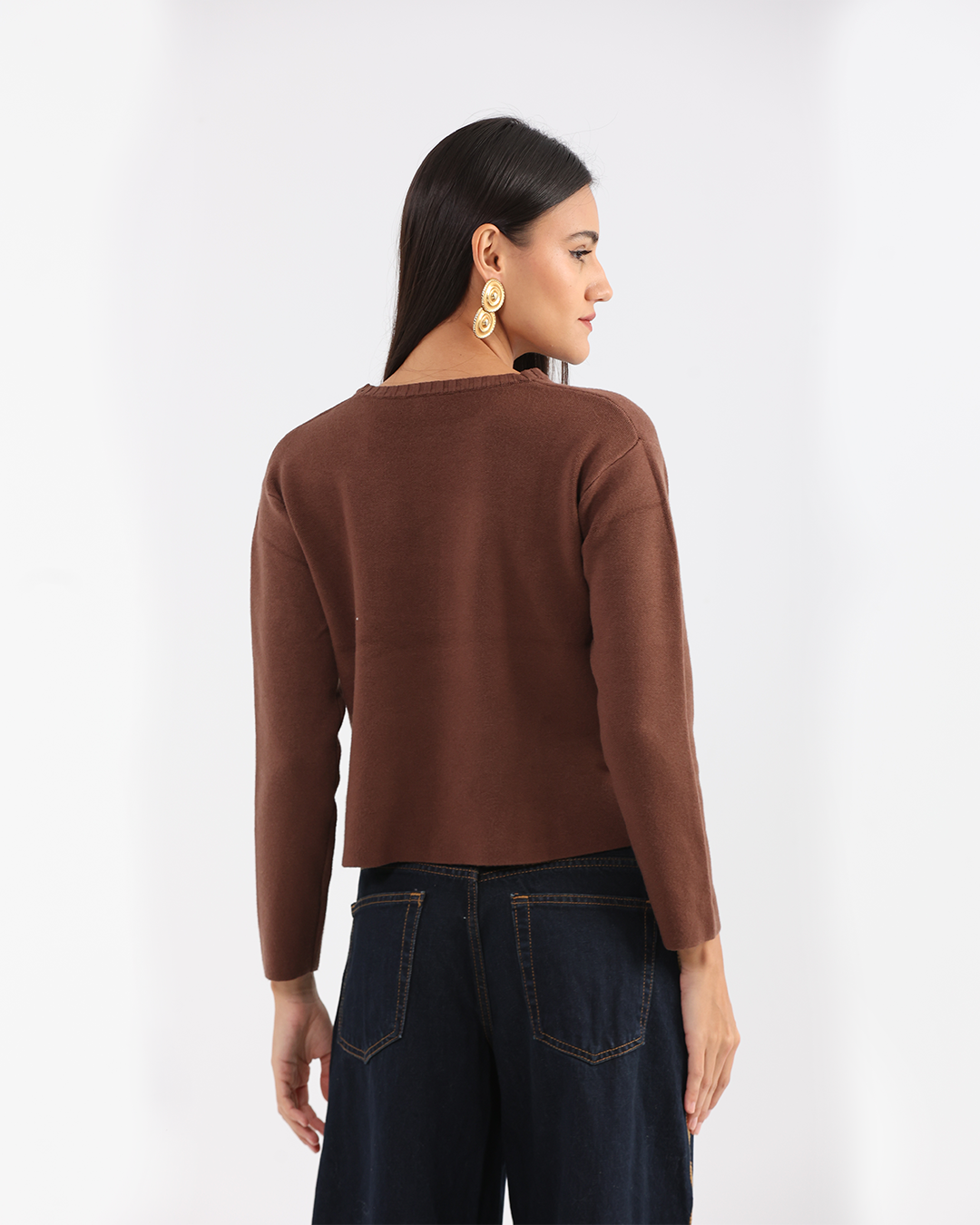 Brown Asymmetric Button Knit