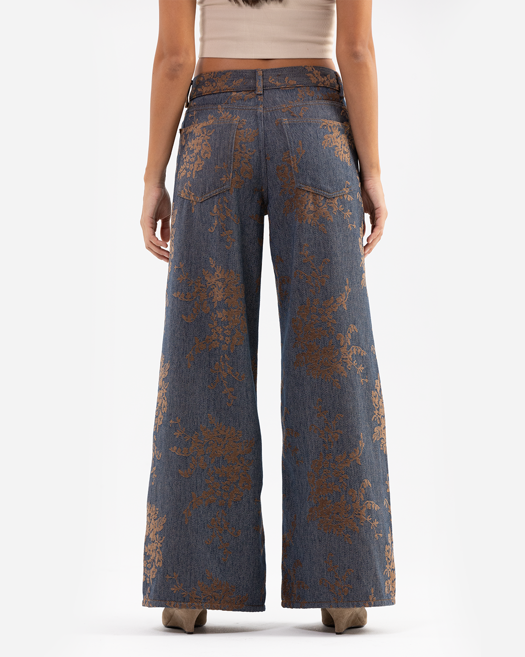 Wide-Leg Brown Floral Flocked Jacquard Pattern