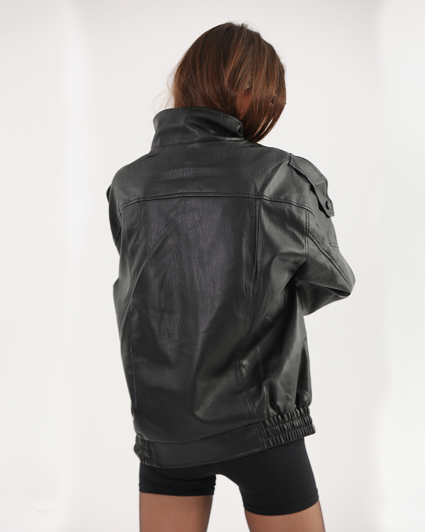 Oversized Black Leather Biker Jacket