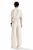 Linen Wide-Leg Trousers with Pearl and Stone Detail