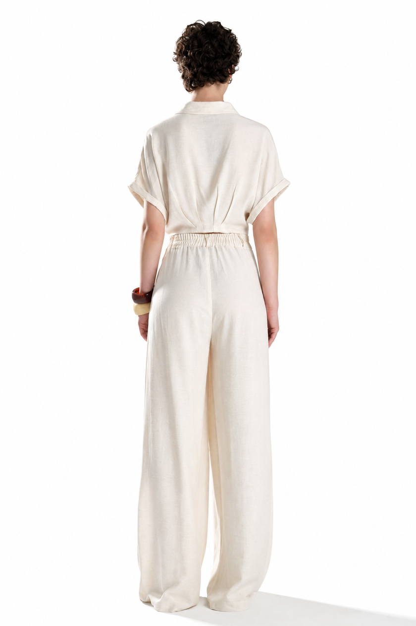 Linen Wide-Leg Trousers with Pearl and Stone Detail