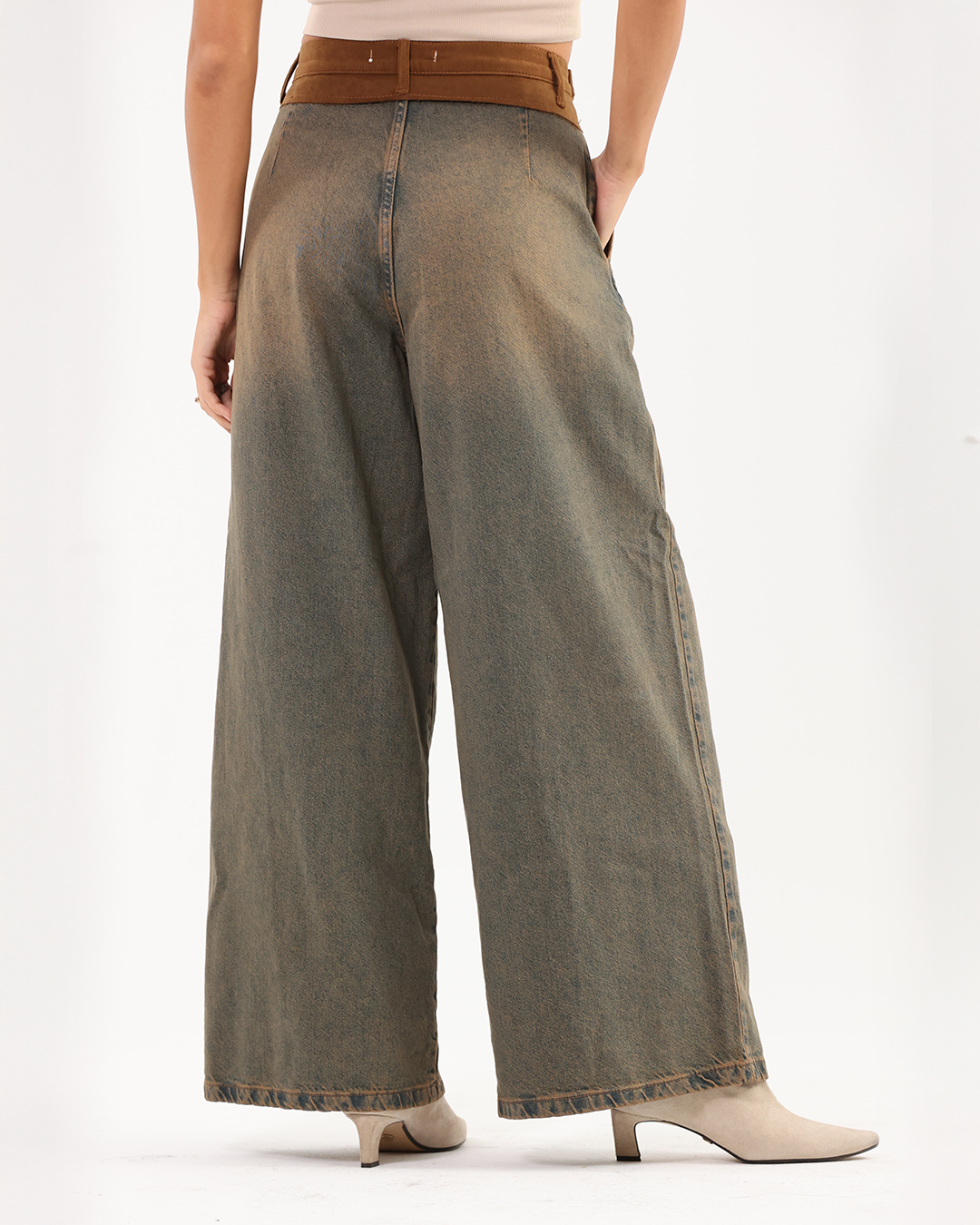 Vintage-Wash Brown Denim Pants with Brown Waistband