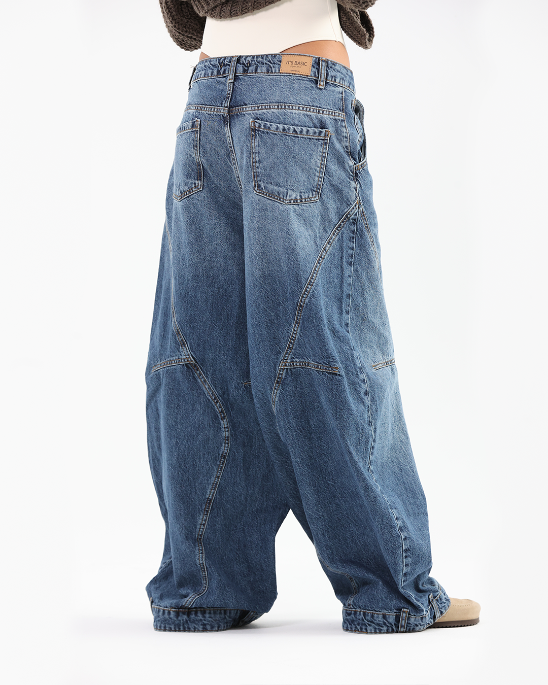 Wide-Leg Blue Denim Jeans with Asymmetric Waistband