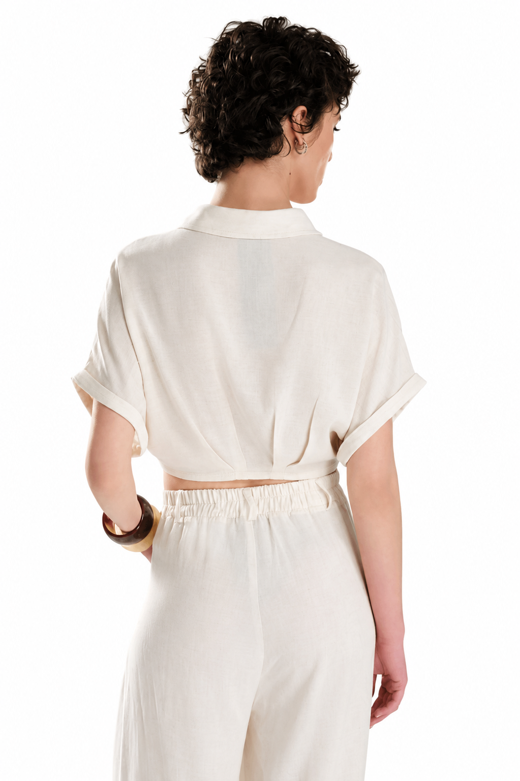 Crop Linen Shirt with Pearl and Stone Detail