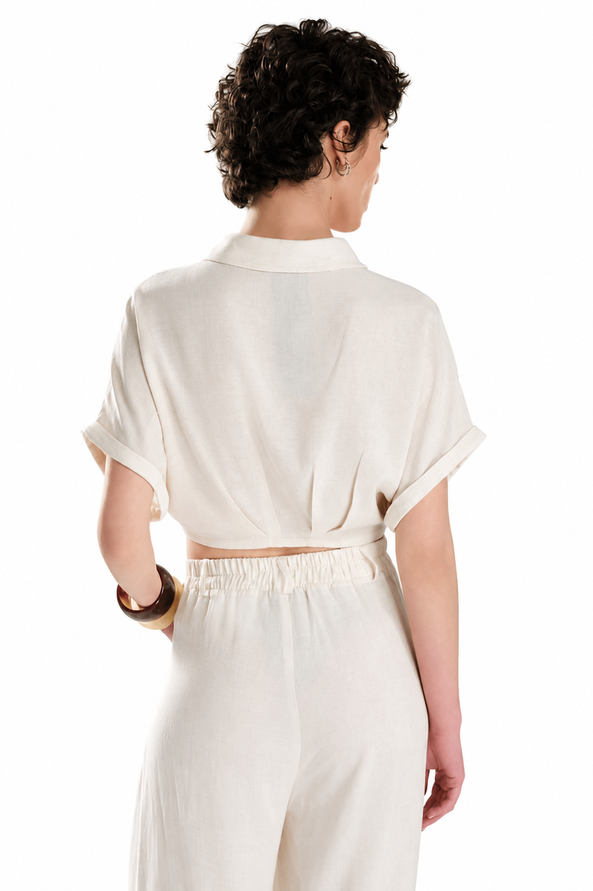 Crop Linen Shirt with Pearl and Stone Detail