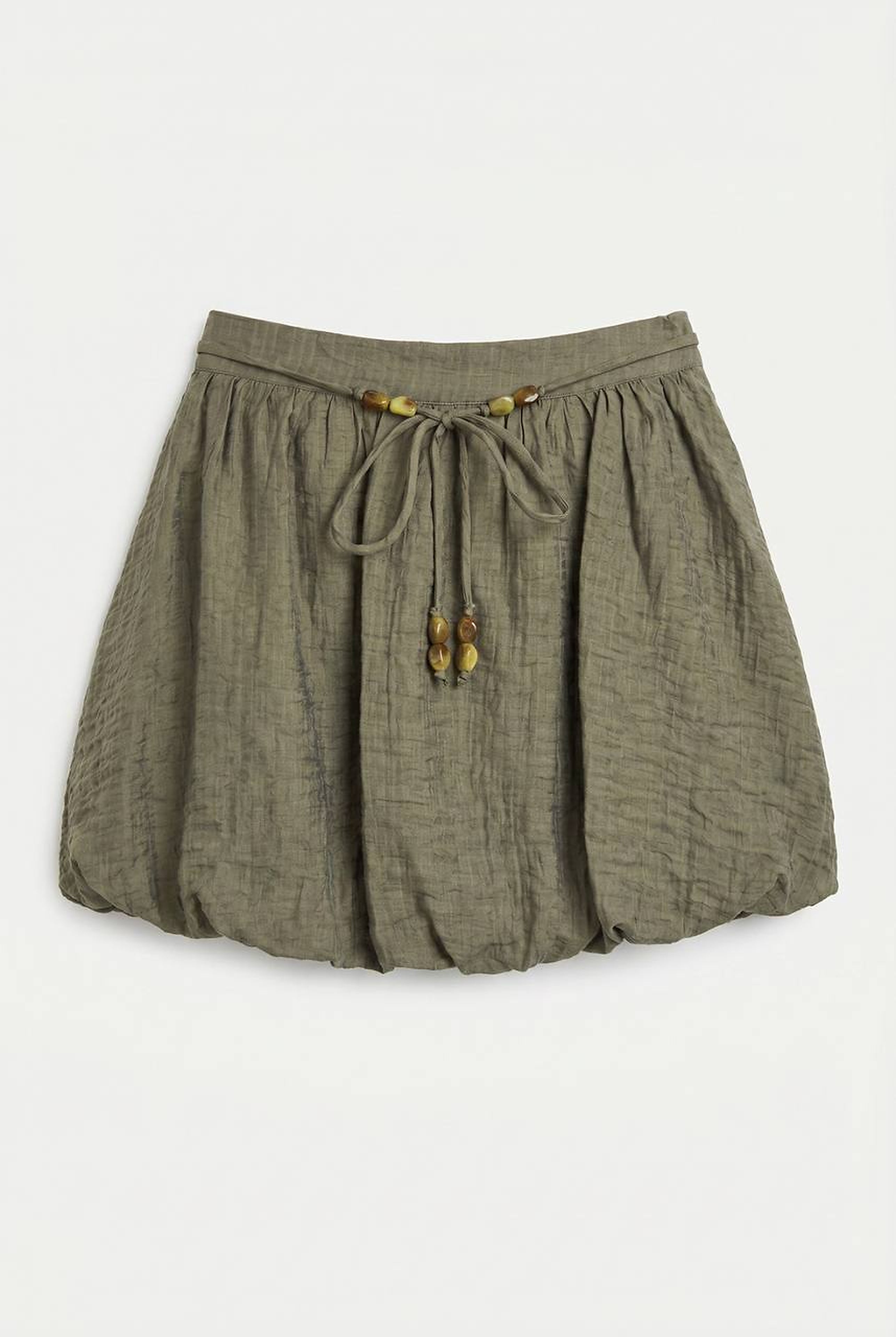 Olive Puff Mini Skirt with Thin Beaded Belt