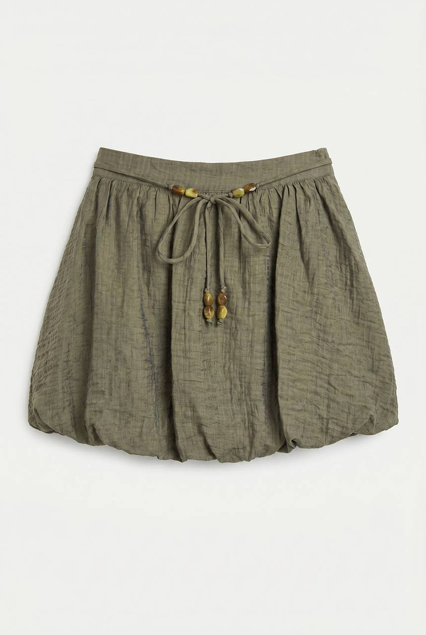 Olive Puff Mini Skirt with Thin Beaded Belt