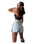Light Wash-Denim Shorts with One Side Zip Detail