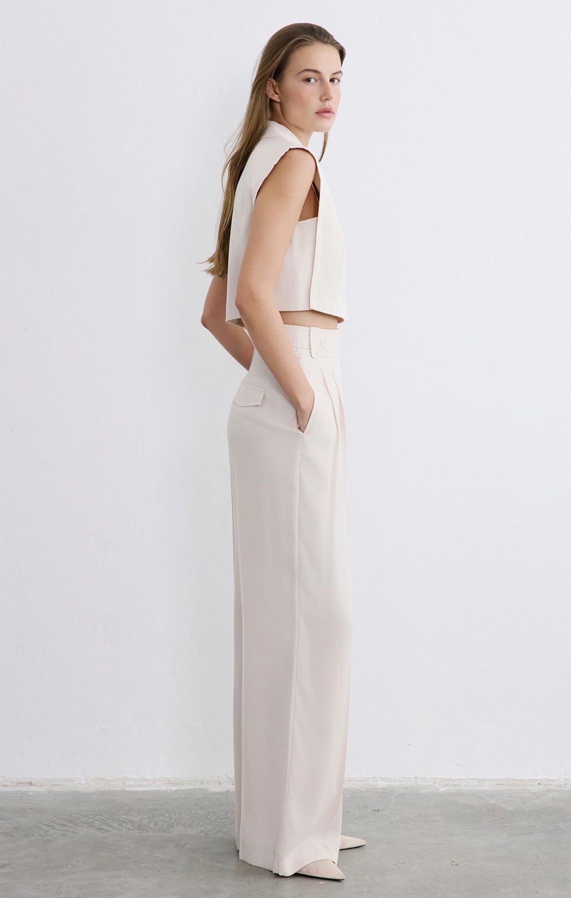 High Waist Wide Leg Pleated Ecru Trousers