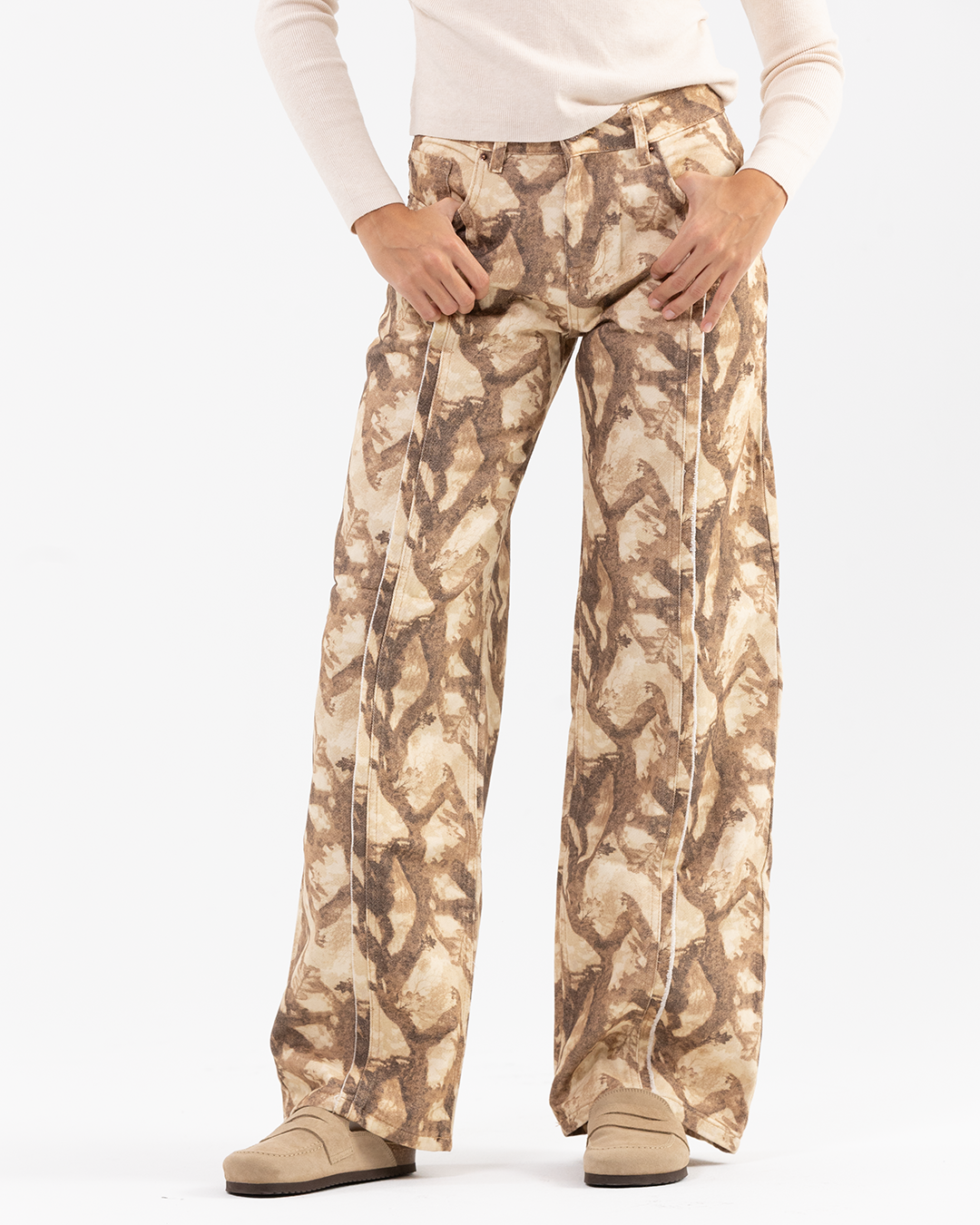 Wide-Leg Fit with an Abstract Brown & Tan Pattern Print Denim