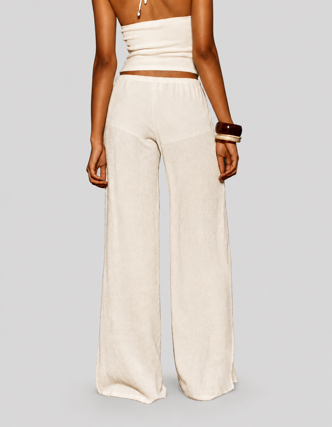 Off White Ribbed Wide Leg Pants