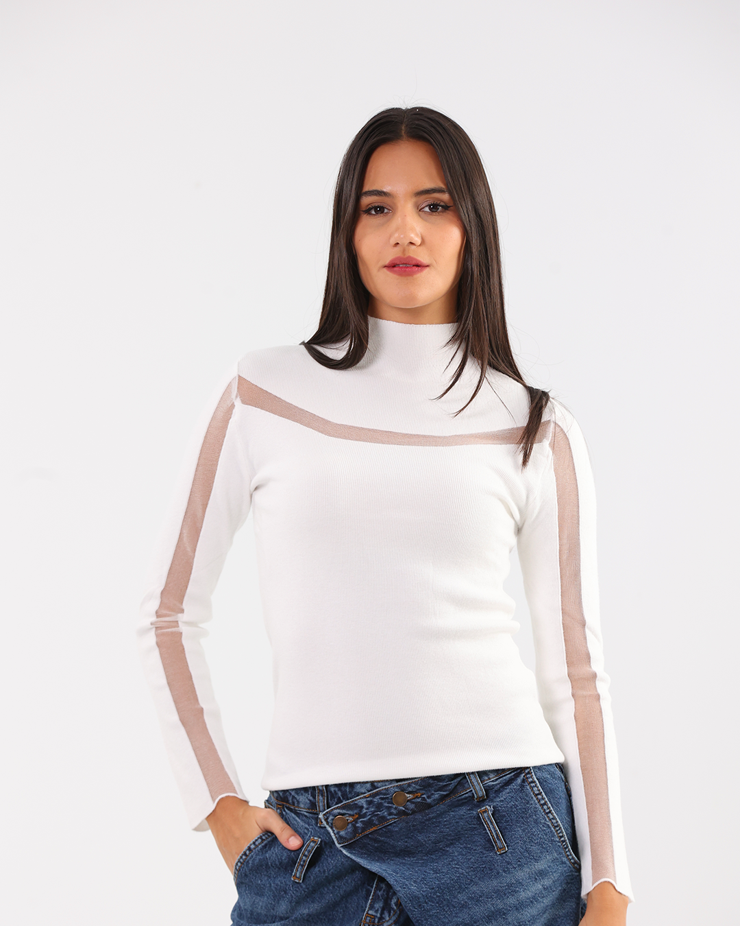 Sculpted Stripe High-Neck Pullover