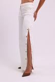 Wide-Leg Denim with Side Slit Gold Buttons