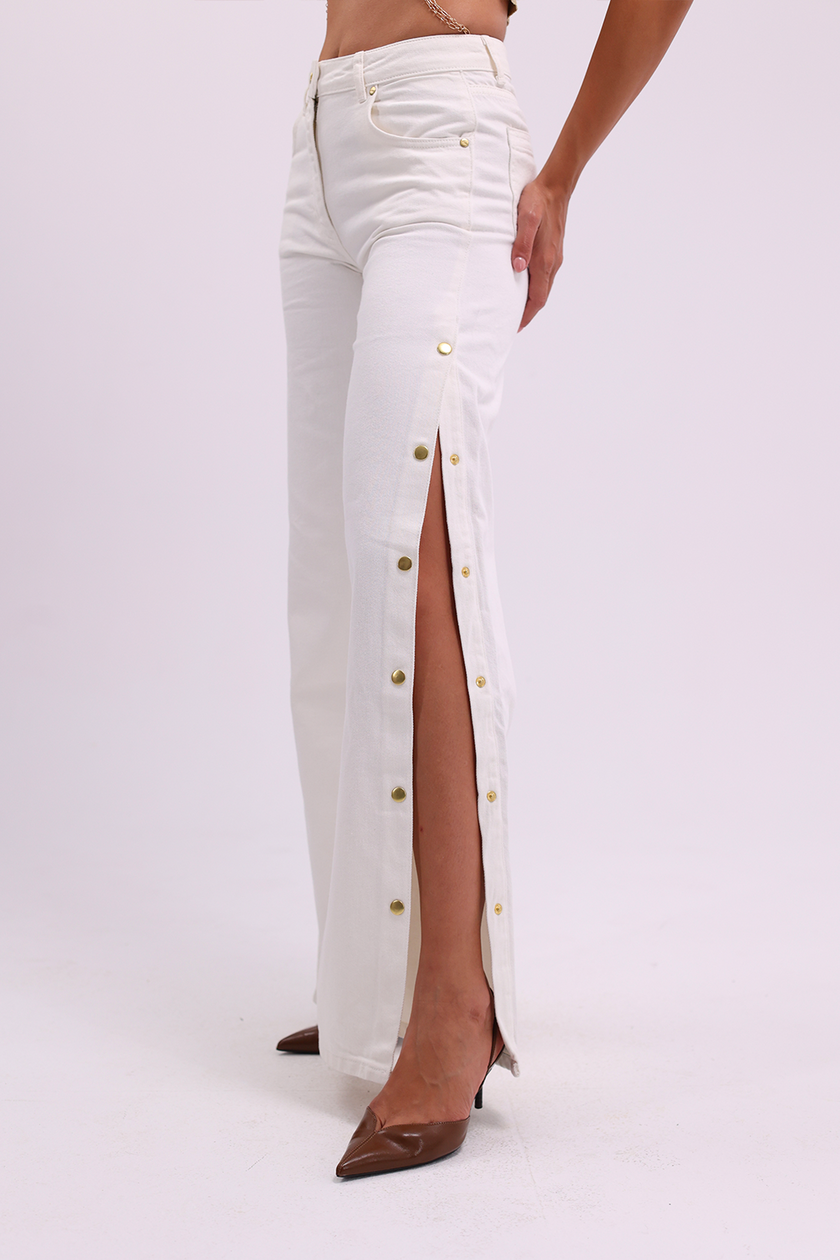 Wide-Leg Denim with Side Slit Gold Buttons