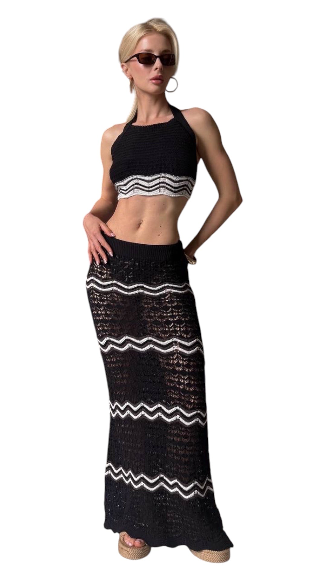 Black & White Crochet Two-Piece Set - Crop Top & Maxi Skirt
