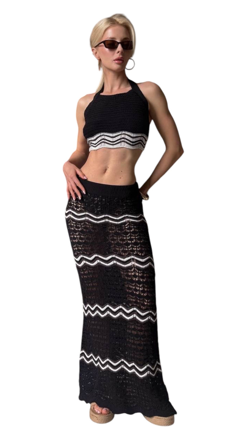 Black & White Crochet Two-Piece Set - Crop Top & Maxi Skirt