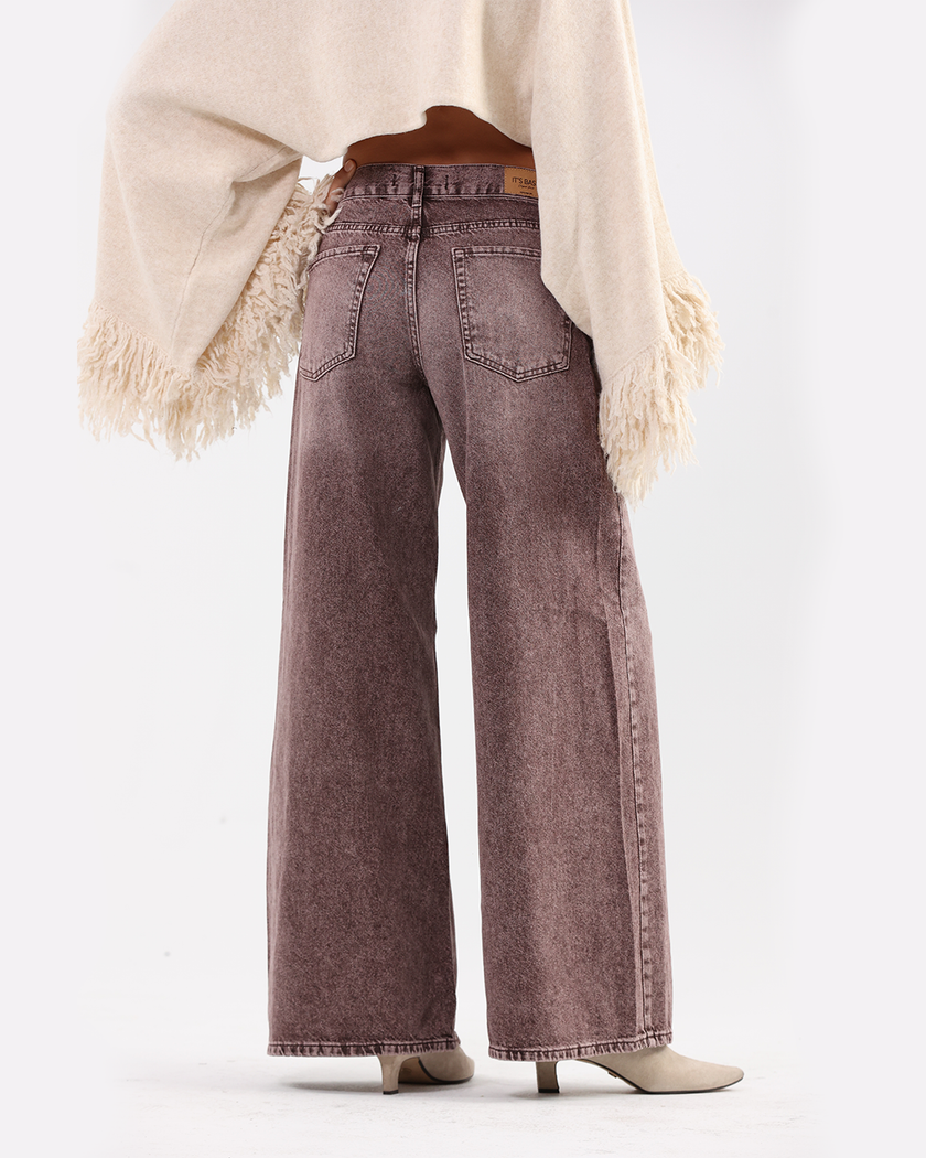 Washed Wide-Leg Denim Jeans with Copper Tone
