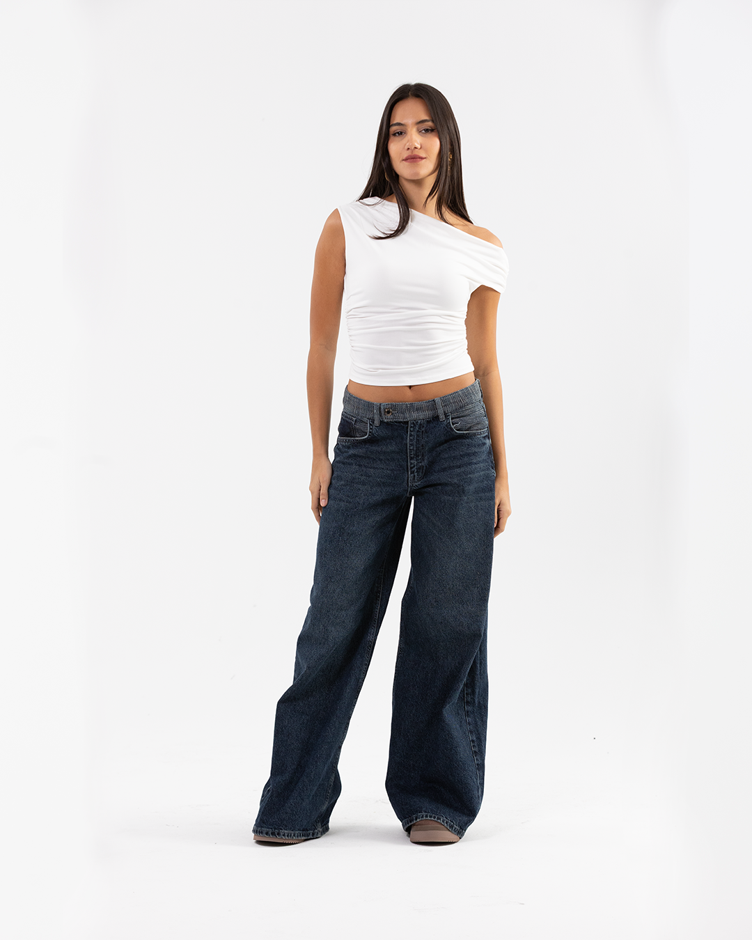 Wide-Leg Blue Denim Jeans with Tweed Waistband Detail